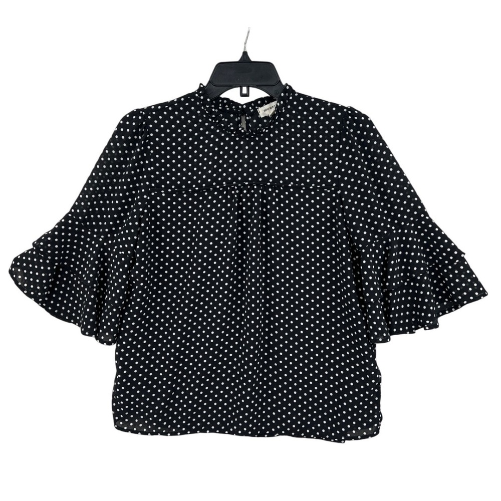 Monteau Polka Dot Blouse Size M Black White Ruffle Sleeve High Neck Retro Mod